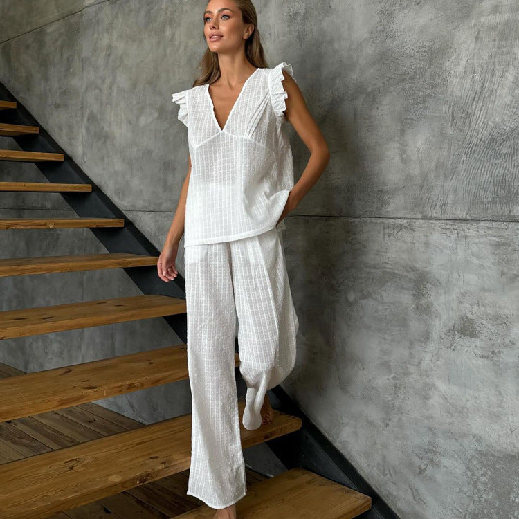 Cotton V neck Ruffled Sleeve Top Trousers Loose Set Casual