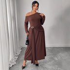 Shoulder Waist Decorations High-Waist Long-Sleeve Coffee Color Dress