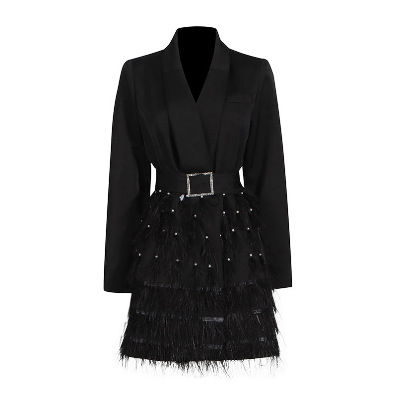 Women's Autumn Elegant Mesh Stitching Collared Belt Midi Dress