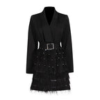 Women's Autumn Elegant Mesh Stitching Collared Belt Midi Dress