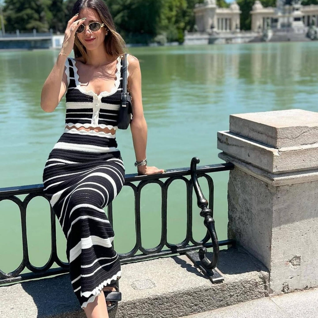 Women's Striped Casual Vest and Skirt Two-Piece Set