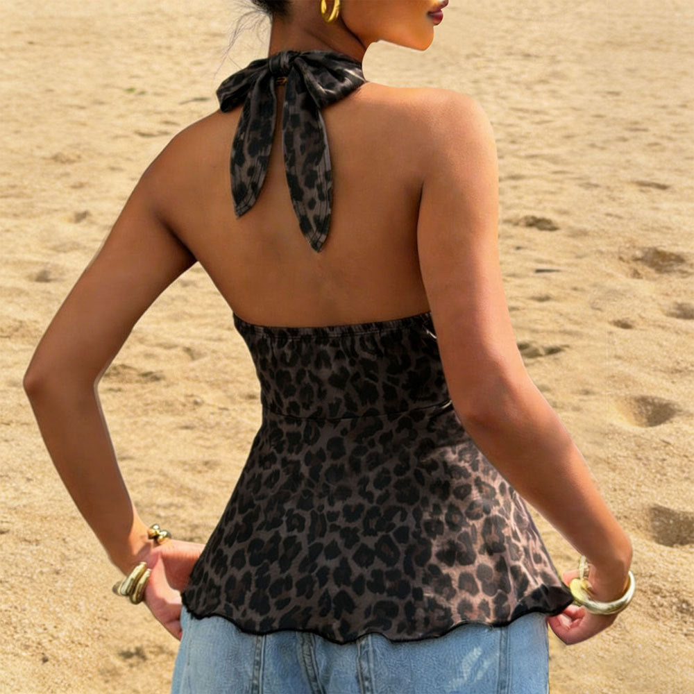 Women's Halter Deep V Plunge neck Leopard Print Camisole Women Waist Tight Flounce Hem Top