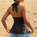 Women's Halter Deep V Plunge neck Leopard Print Camisole Women Waist Tight Flounce Hem Top