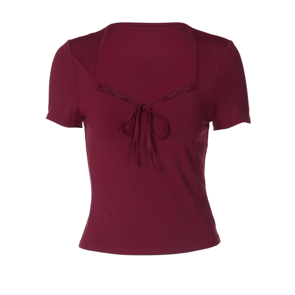 Women's Lace Trim Lace-Up Short Sleeve Top