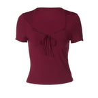 Women's Lace Trim Lace-Up Short Sleeve Top