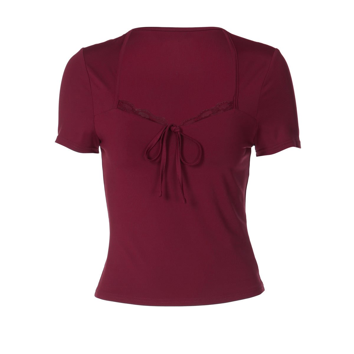 Women's Lace Trim Lace-Up Short Sleeve Top