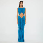 Women's Elegant Stitching Dress Blue Cutout High Waist Slim Fit