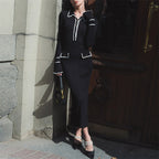 Collared Button Ribbed Long-Sleeve Knit Bodycon Midi Dress