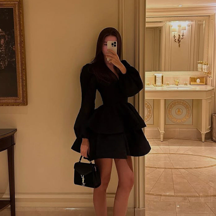 Black V-Neck Puff-Sleeve Tiered Dress