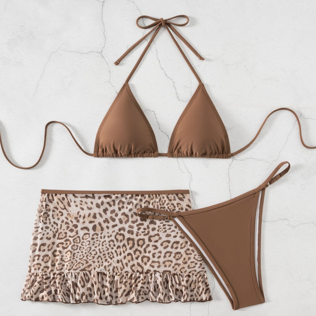 Brown triangle halter swimwear with leopard ruffle skirt and matching high-leg bottom