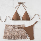Brown triangle halter swimwear with leopard ruffle skirt and matching high-leg bottom