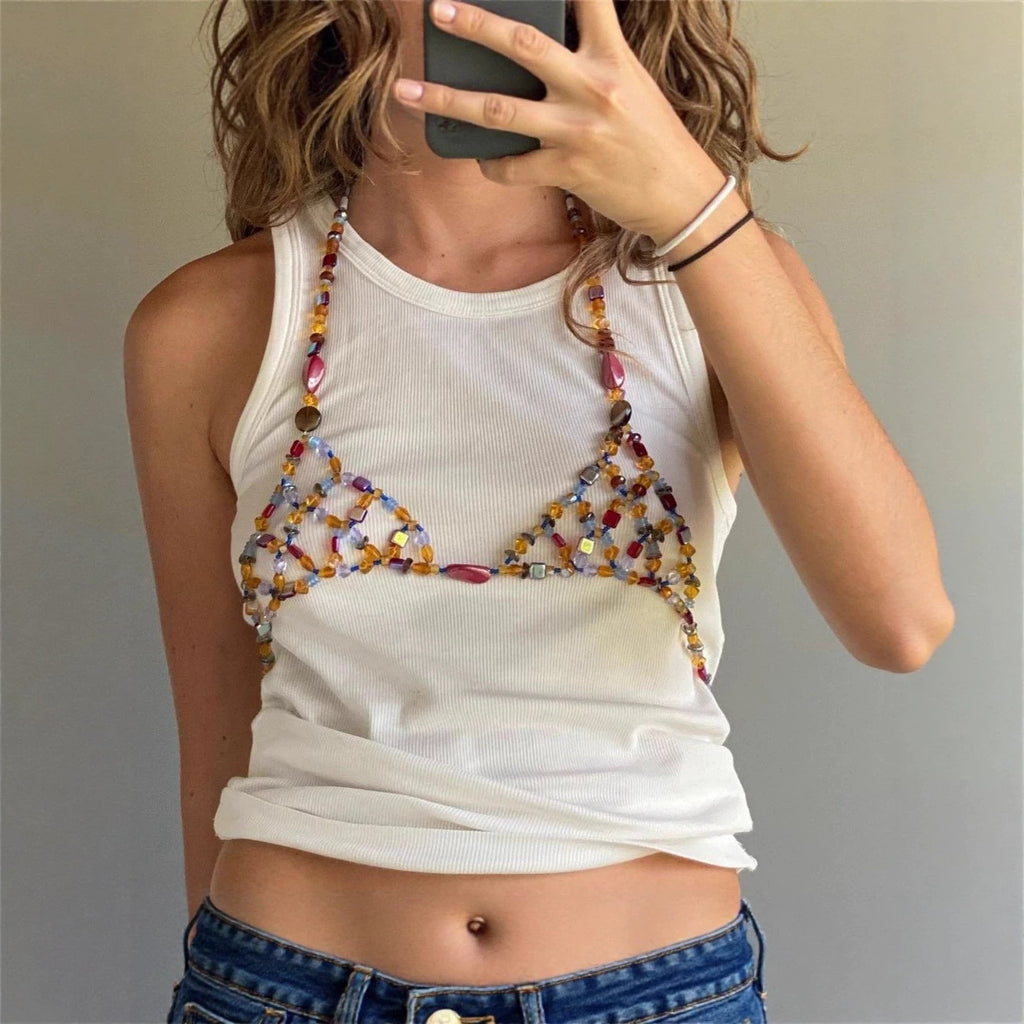 Colorful Gemstone Beaded Chest Necklace Body Cha Corset Festival Outfit Handmade Chain Vest