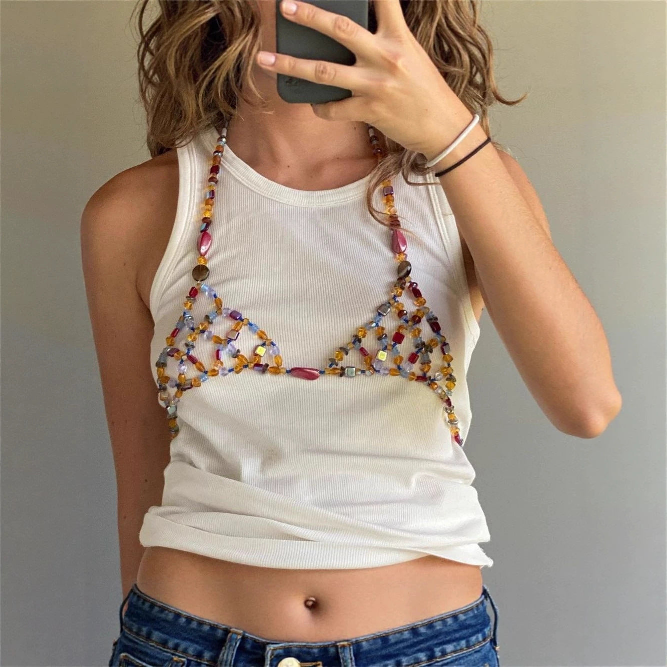 Colorful Gemstone Beaded Chest Necklace Body Cha Corset Festival Outfit Handmade Chain Vest