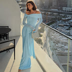 Solid Color Long Sleeve Off The Shoulder Lace Up Sheath Dress