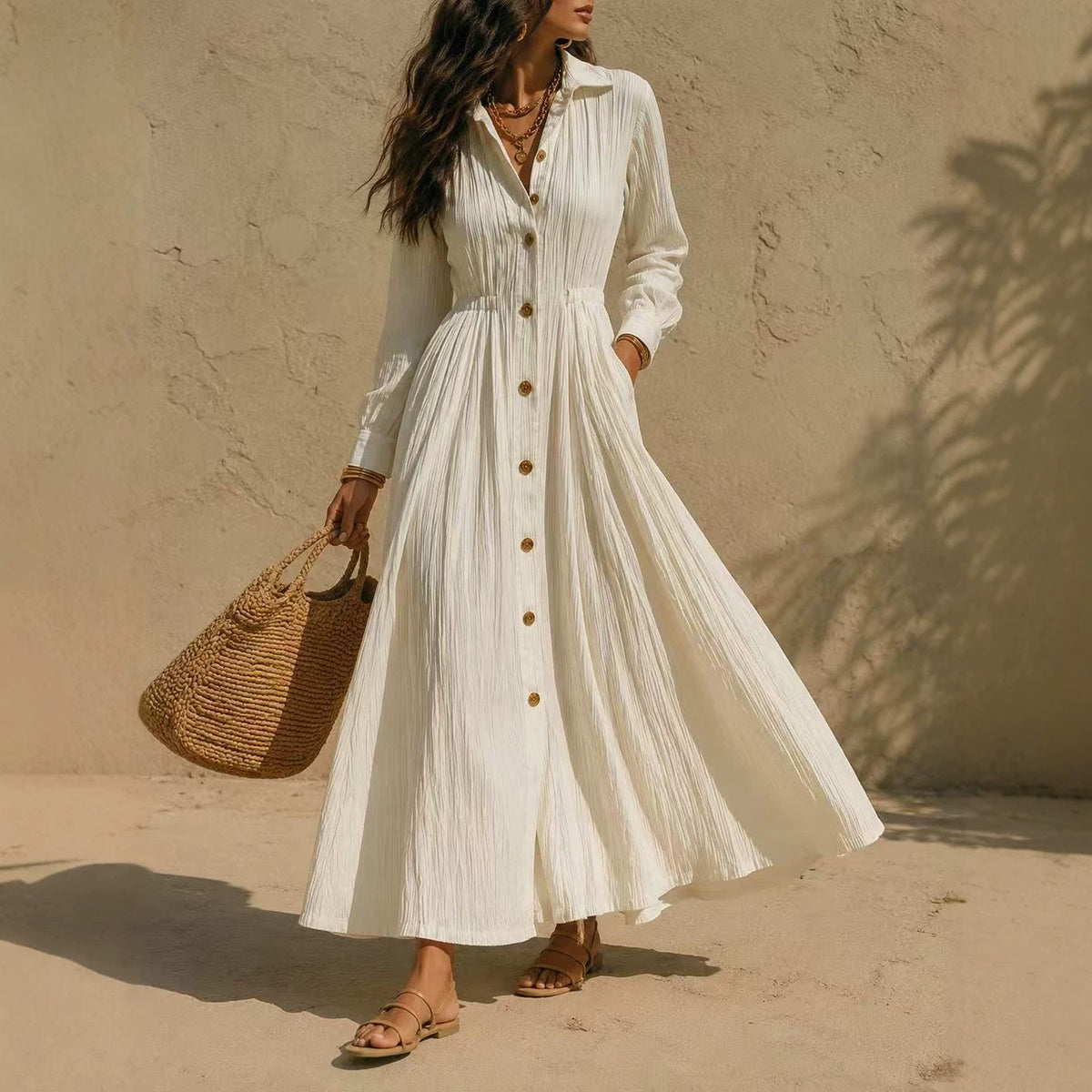 Fall Women Clothing Long Sleeve Shirt Dress Waist Slimming Vacation Solid Color Dress