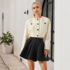 Round Neck Black Buttons Tweed Fabric with Hem Pleated Waist Tight Design French Chanel Short Coat