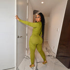 Women's V-Neck Long Sleeve Zipper Coordinated Two-Piece Set