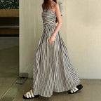 Women's Black and White Striped Pleated Maxi Dress