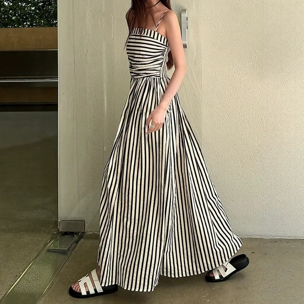 Women's Black and White Striped Pleated Maxi Dress