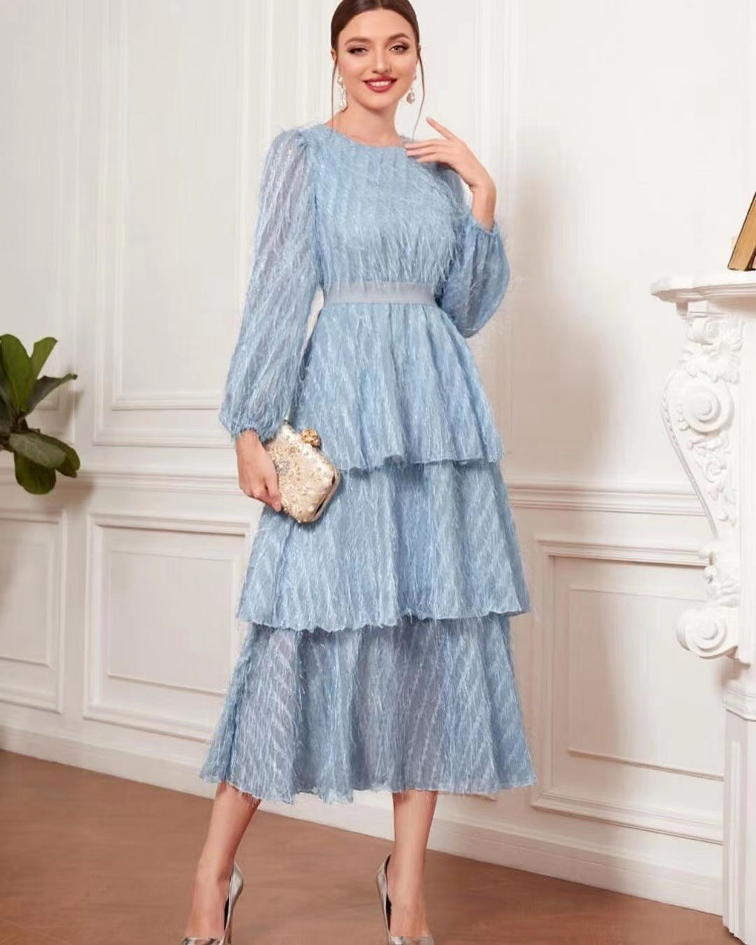 Lace Ruffle Crew-Neck Lantern-Sleeve A-Line Maxi Dress