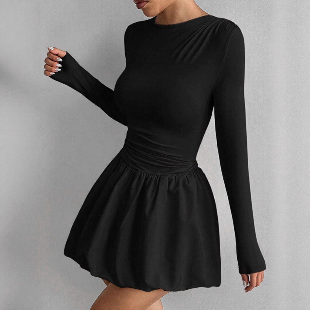 Crew-Neck Long-Sleeve Ruched A-Line Mini Dress
