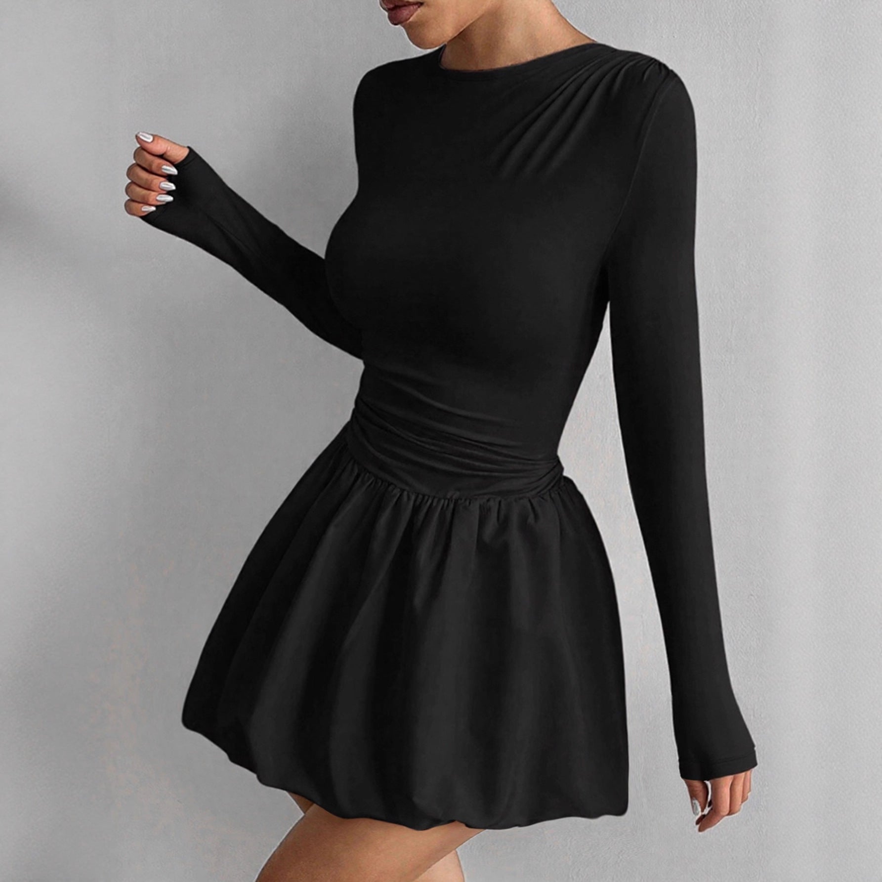 Crew-Neck Long-Sleeve Ruched A-Line Mini Dress