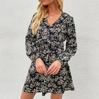 Women's Autumn Winter Sexy Casual Women Dress V-Neck Floral Dress