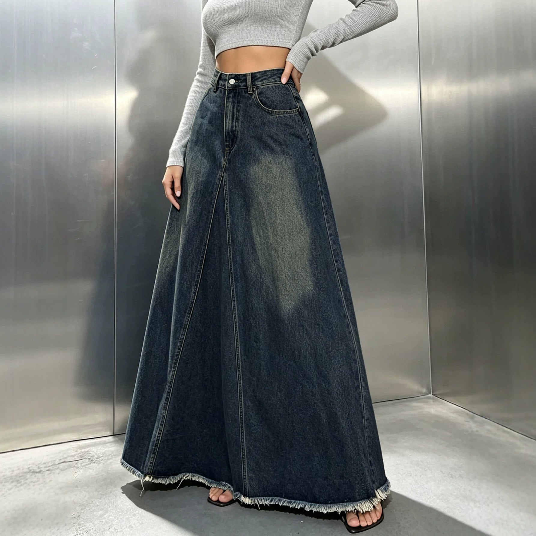 Women's Denim Fur-Trim Maxi Skirt
