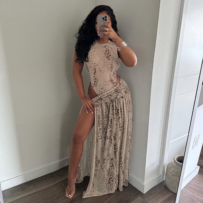 Women Clothing Summer Snake Print Sleeveless Jumpsuit Half Length Slit Skirt Set
