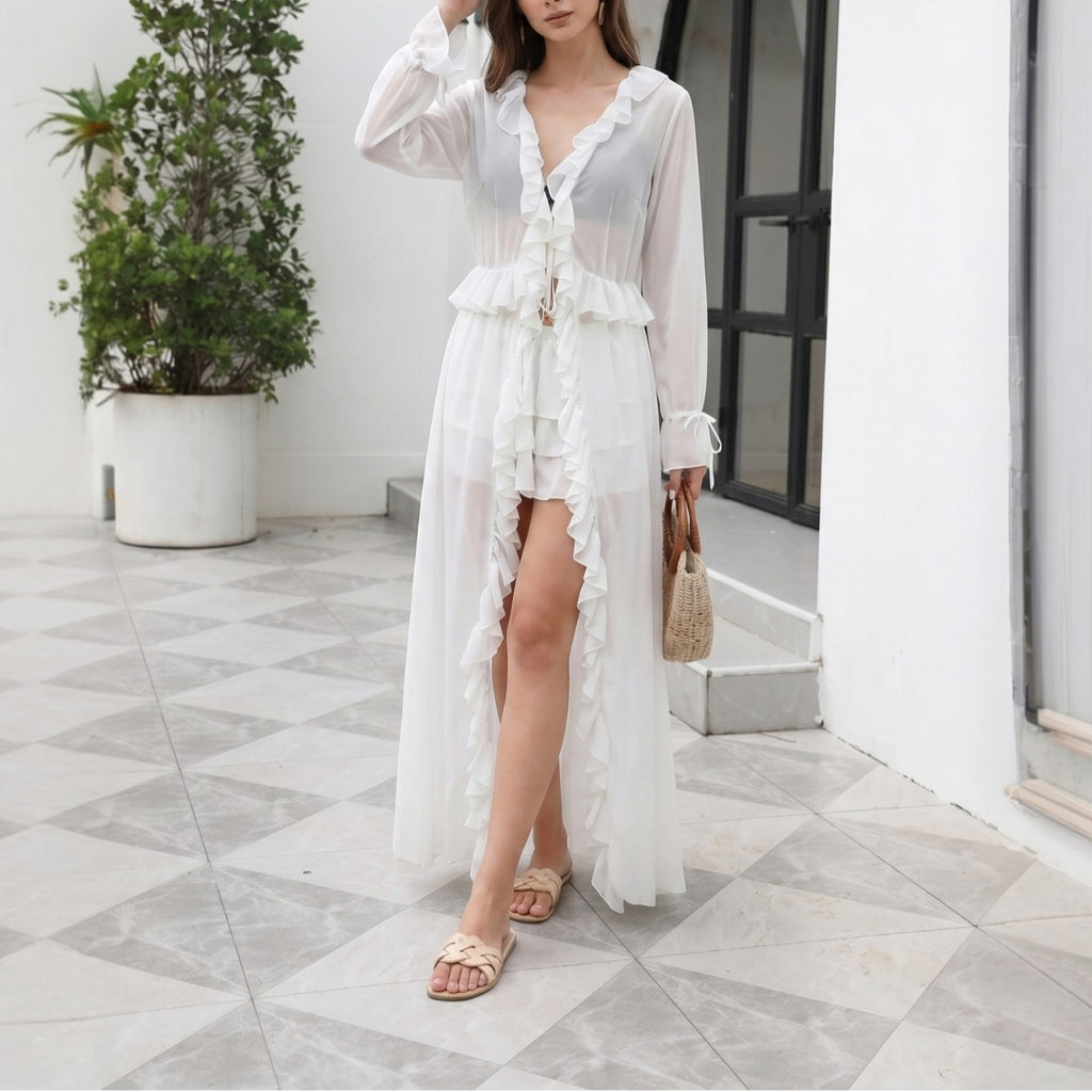 White one-piece swimwear, long-sleeve ruffle tiers and front button detail
