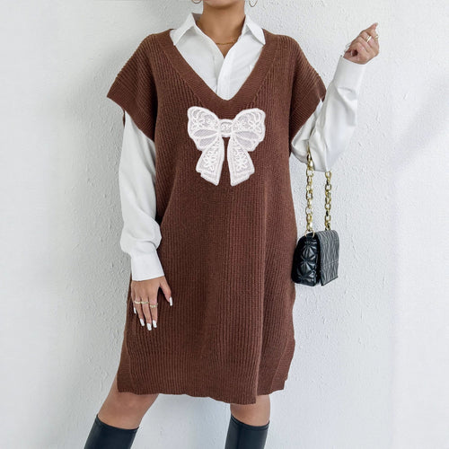 Women’s brown knit vest, deep V, loose fit, white butterfly applique