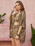 Green Paisley Printing Vacation Skirt Three-Piece Set