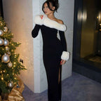 Women's Sexy Fur Collar Stitching Slim Fit Oblique Shoulder Color Matching Long Sleeve Elegant Dress