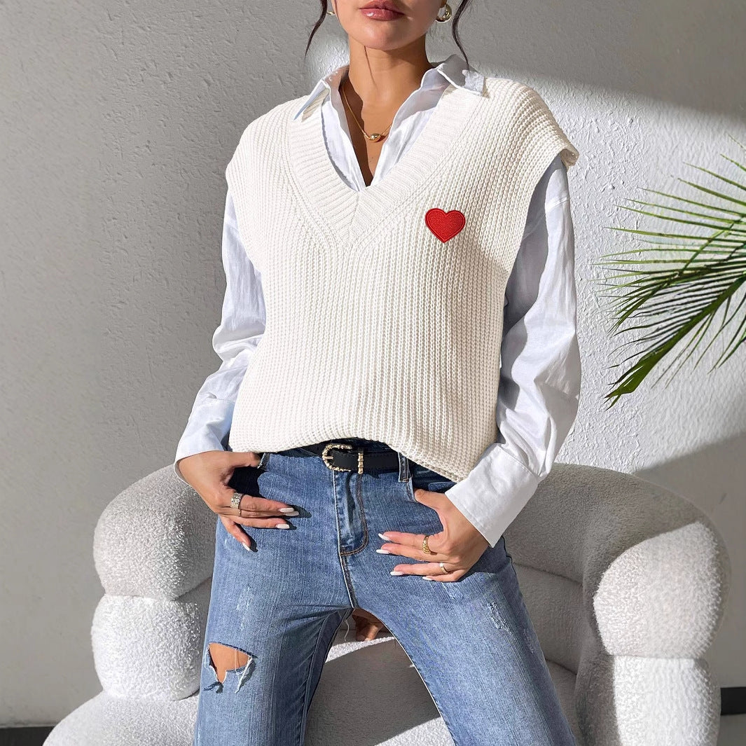 Women Vest Clothing Spring Autumn V neck Simple Vest Embroidery Love Stickers Sweater Waistcoat