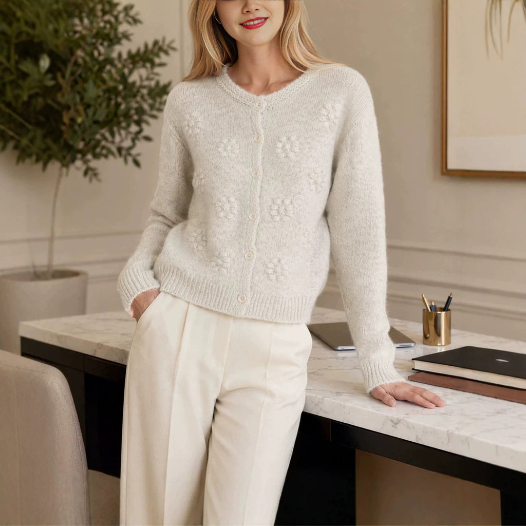 Retro Three Dimensional Small Floral Knitted Cardigan round Neck Button Autumn Sweater Cardigan