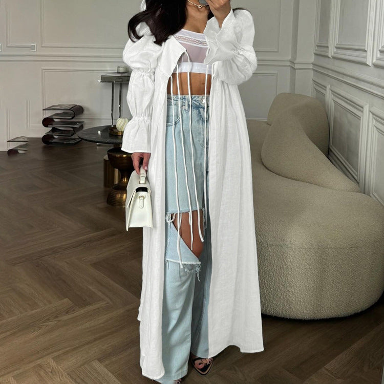 Cotton Linen Flare Sleeve Tie Neck Square Collar Cardigan Maxi
