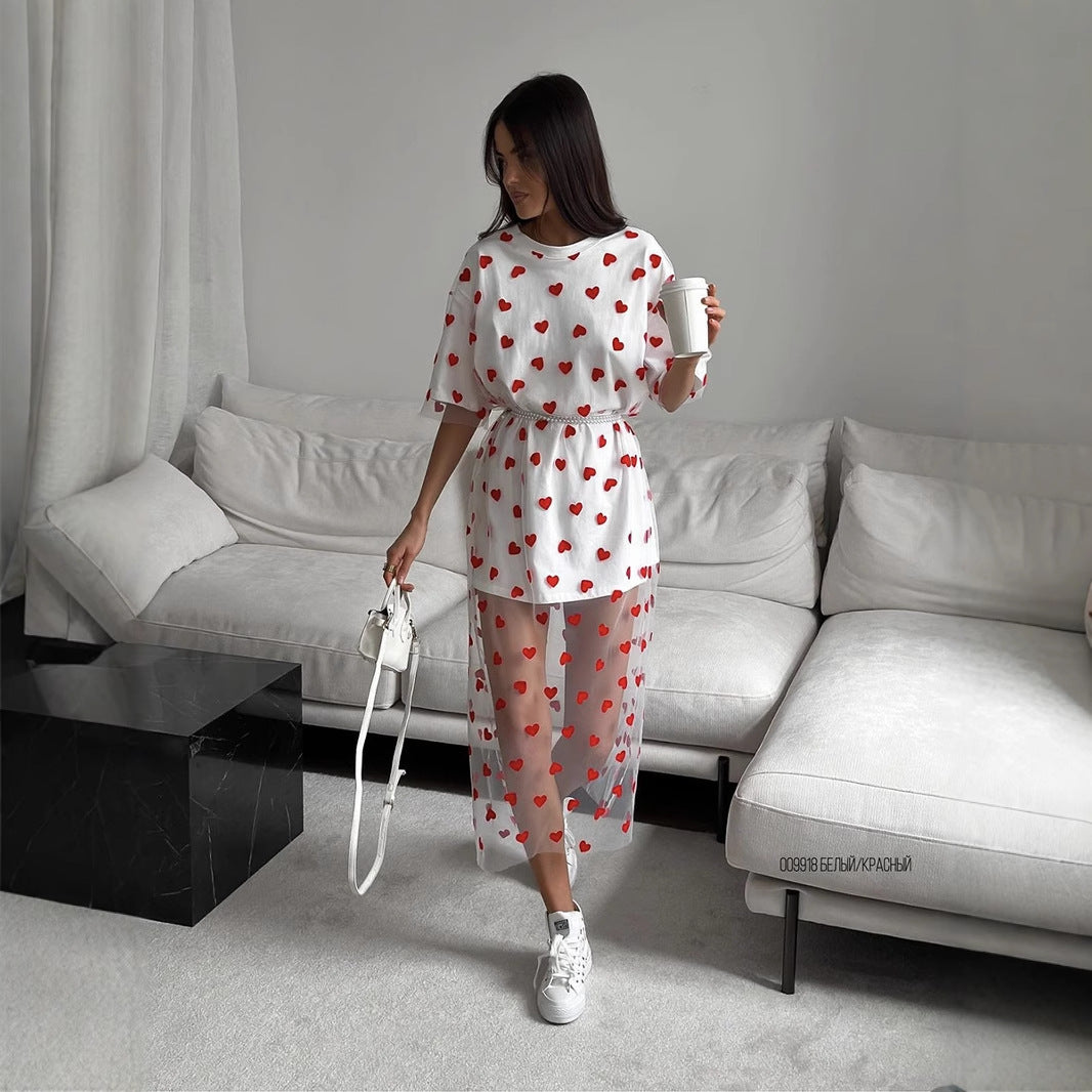 Women's Sexy Women Clothing Long Heart Mesh Stitching Loose Short Sleeve T Shirt Dress