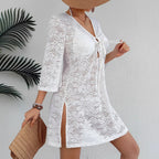 Women Sexy V neck Knitted Loose Beach Sun Protection Seaside Holiday Casual Blouse Dress
