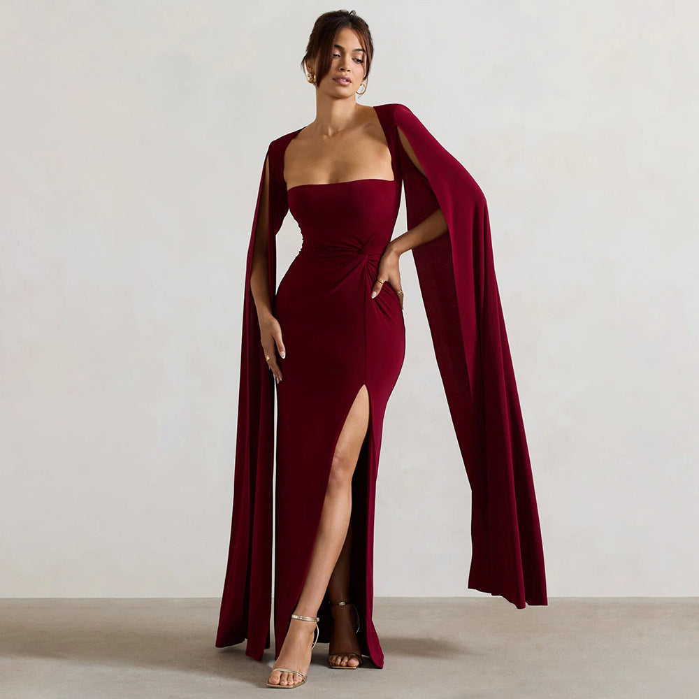 Women's Dress Square Collar Mop Long Sleeve High Slit Solid Color Sexy Dress