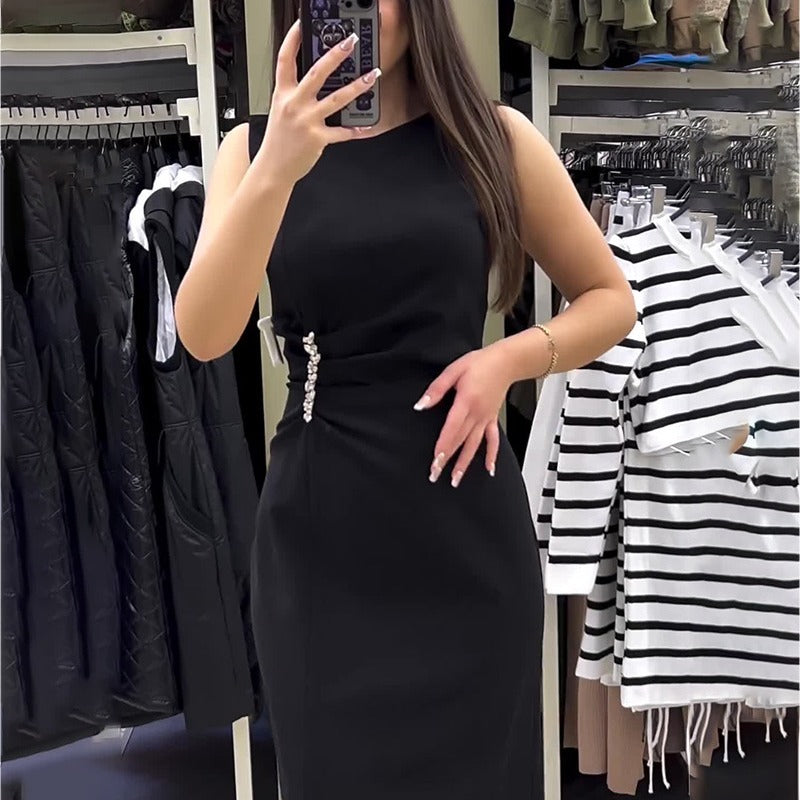 Women's Crew-Neck Rhinestone Fringe Ruched Split Bodycon Maxi Dress