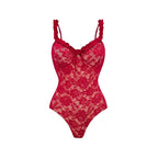 Red lace one-piece swimsuit with V neckline, bow detail at bust, thin adjustable straps