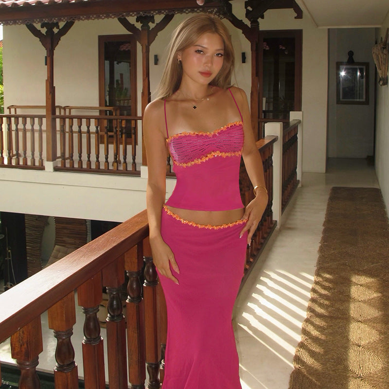 French Sweet Casual Chiffon Lace Vest Skirt Set Women