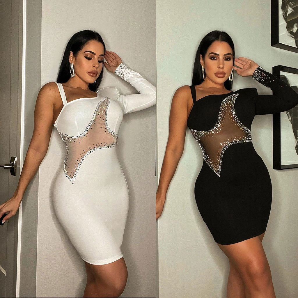 Women's Mesh Rhinestone Long-Sleeve Bodycon Mini Dress