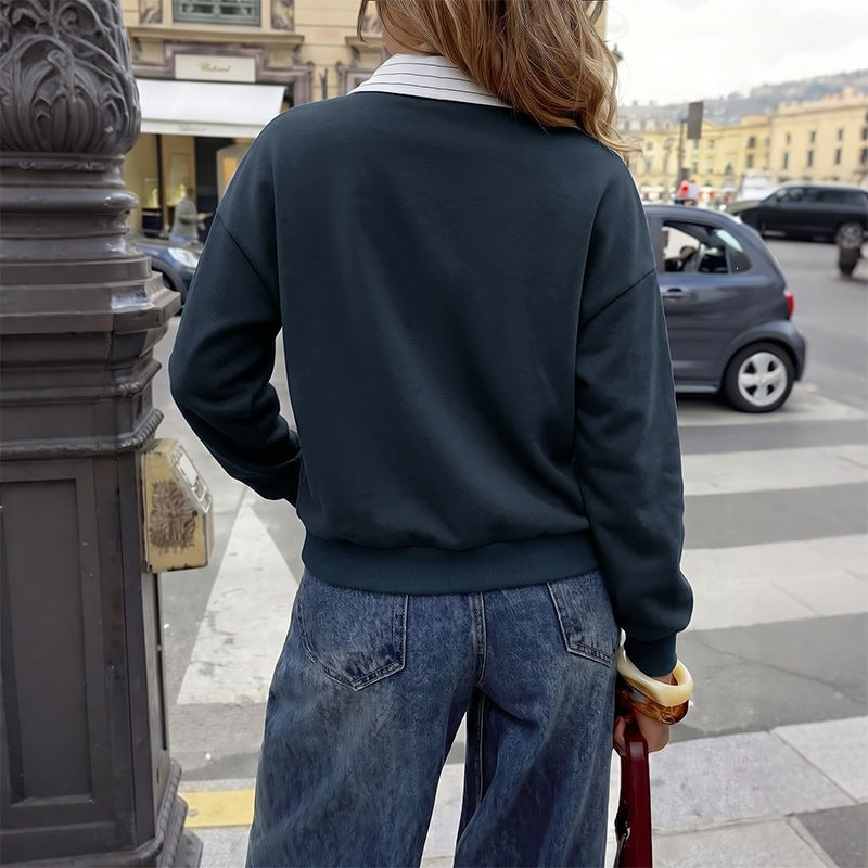 Autumn Winter Casual Preppy Top Loose False Two Pieces Stitching