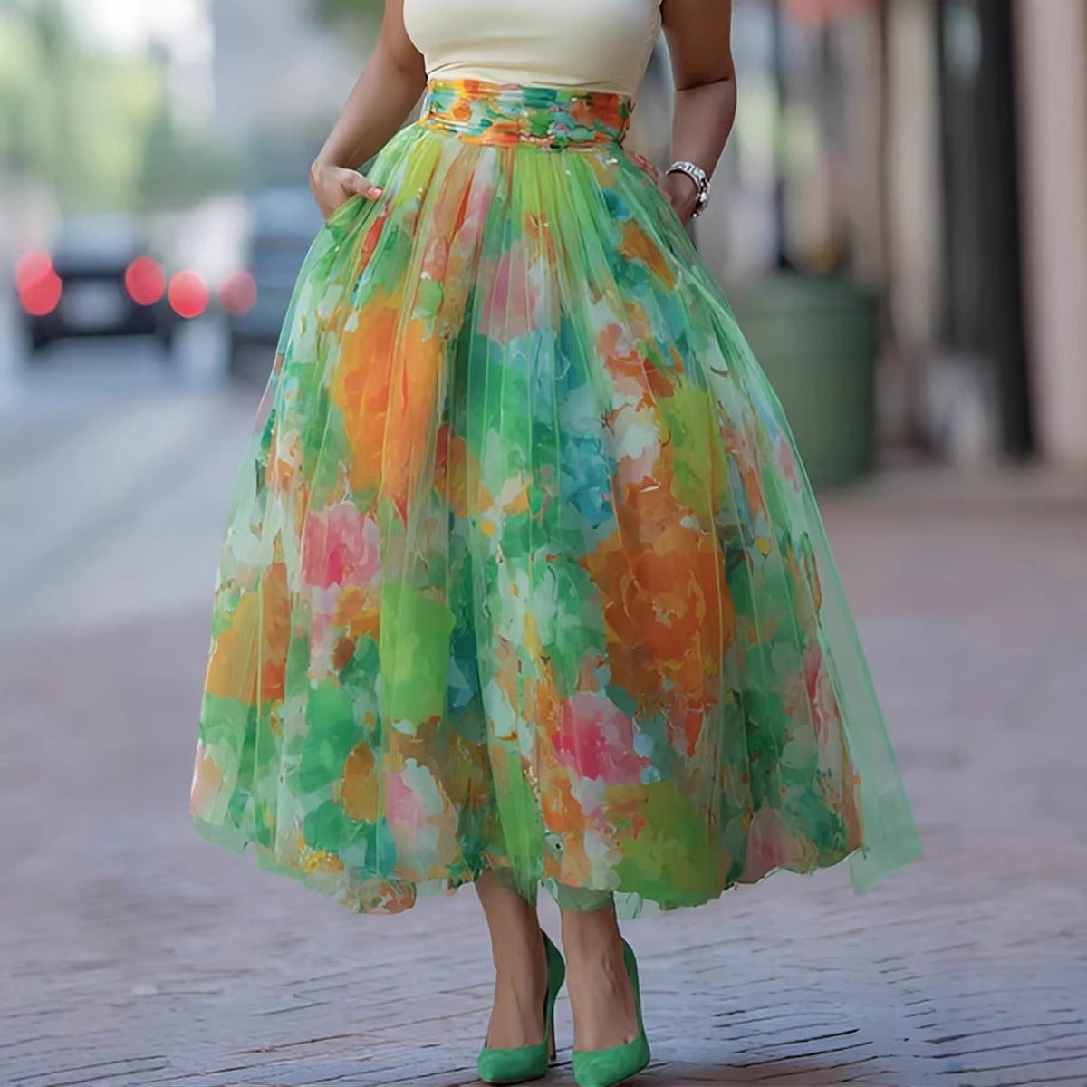 Women's Multicolor Printed Midi Skirt