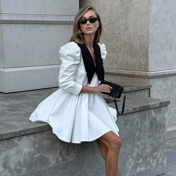 Black White Contrast Doll Collar Short Dress