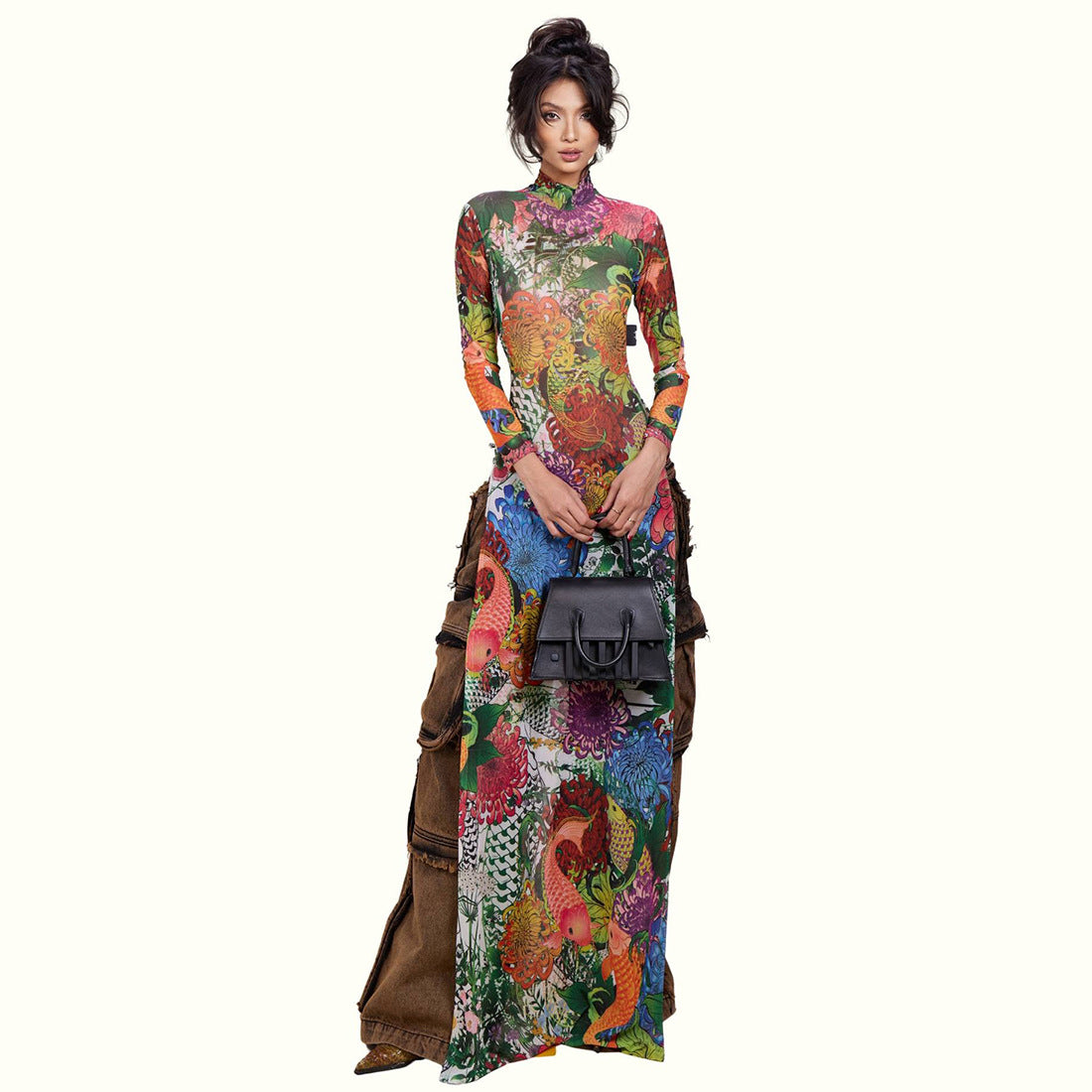 Women's Spring Women Clothing Personality Plant Print Long Sleeve Half Turtleneck High Slit Long Shirt
