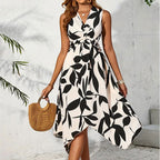 Women's Long Sleeveless Midi Leaf Print Twist Irregular Asymmetric Dress Spring Summer Women
