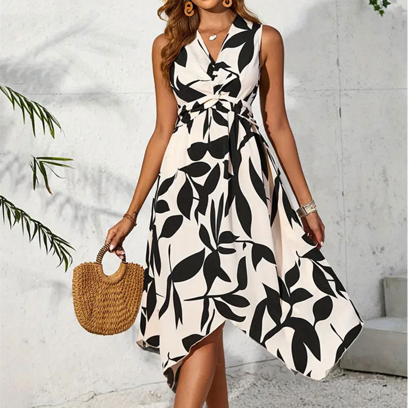 Women's Long Sleeveless Midi Leaf Print Twist Irregular Asymmetric Dress Spring Summer Women