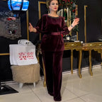 Gold Velvet Western Slim Fit round Neck Pullover Straight Leg Pants Two Piece